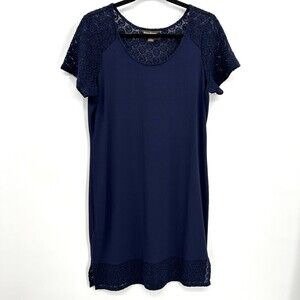 TOMMY BAHAMA Navy Blue Crochet Sleeve Stretch T-Shirt Shift Dress Size Small